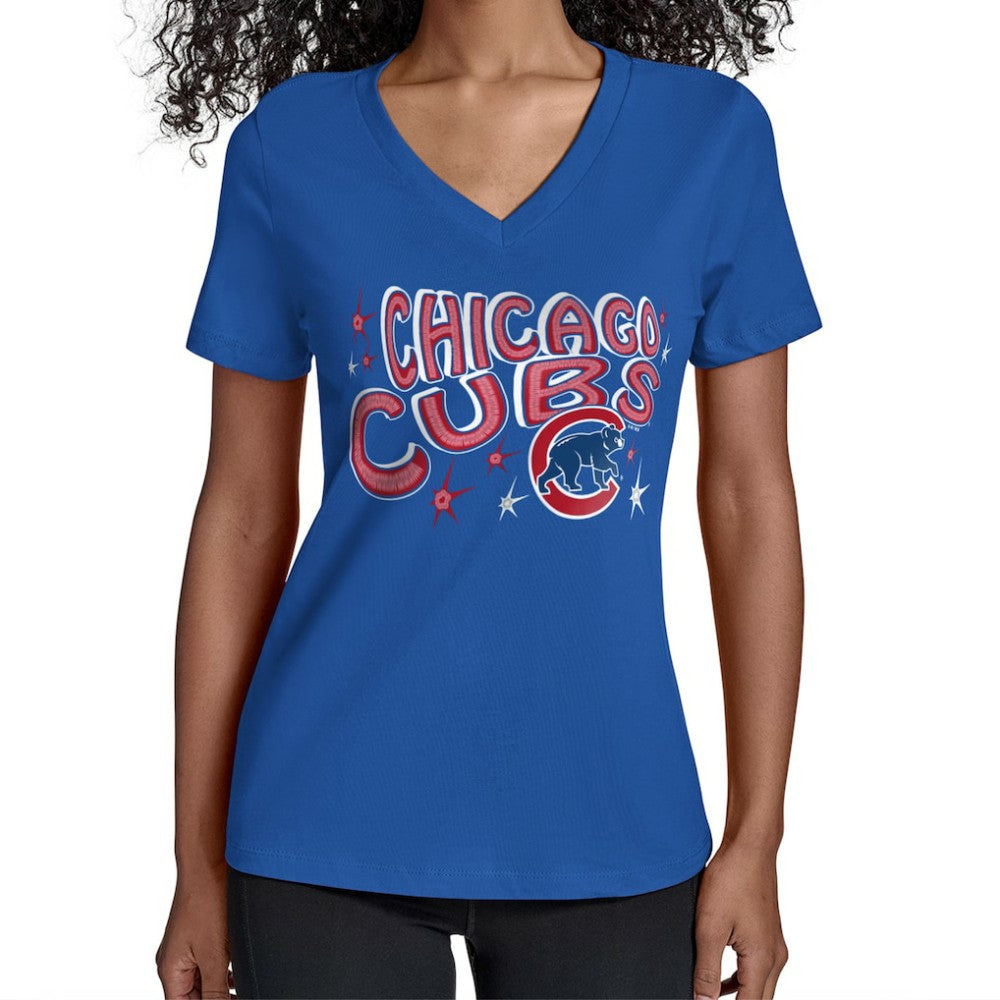 Chicago Cubs Starter Women's Fireworks Team Name V-Neck T-Shirt - Royal