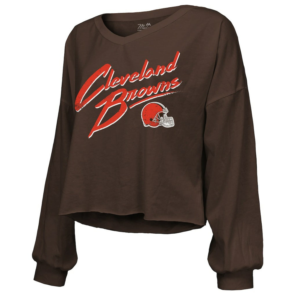 Shedeur Sanders Cleveland Browns Majestic Threads Women's Name & Number Off-Shoulder Script Cropped Long Sleeve Relaxed V-Neck T-Shirt - Brown on sale
