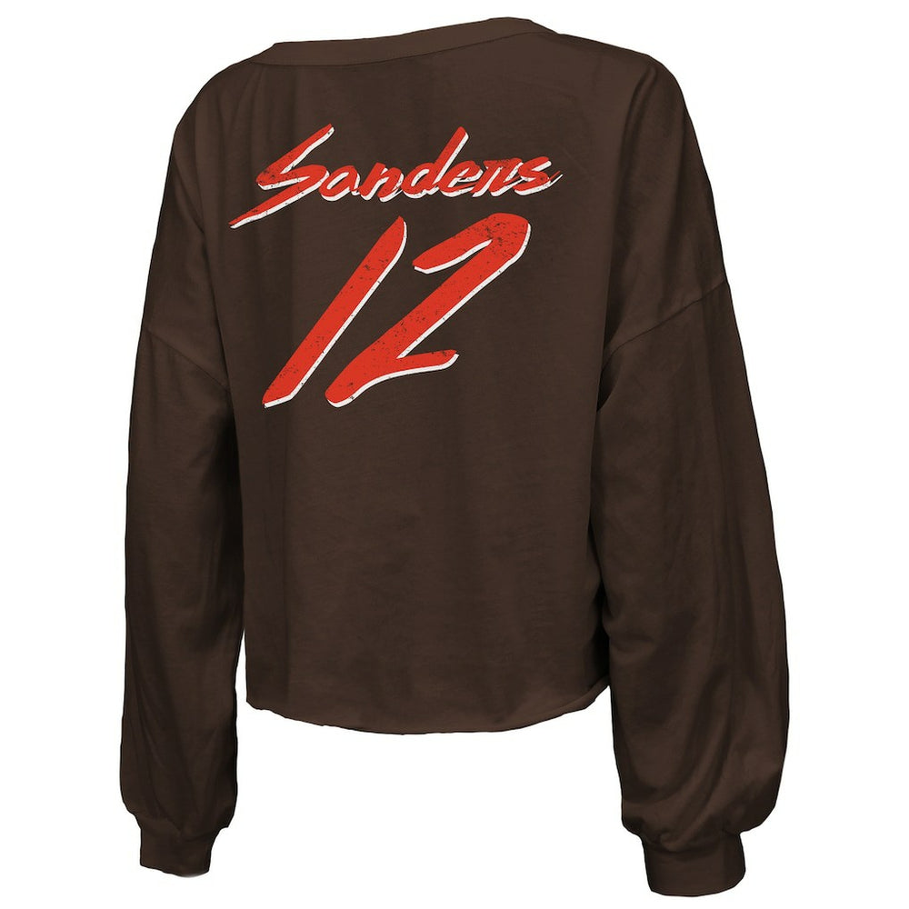 Shedeur Sanders Cleveland Browns Majestic Threads Women's Name & Number Off-Shoulder Script Cropped Long Sleeve Relaxed V-Neck T-Shirt - Brown on sale