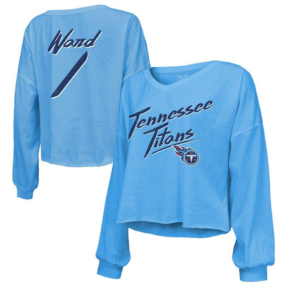 Cameron Ward Tennessee Titans Majestic Threads Women's Name & Number Off-Shoulder Script Cropped Long Sleeve Relaxed V-Neck T-Shirt - Light Blue sale