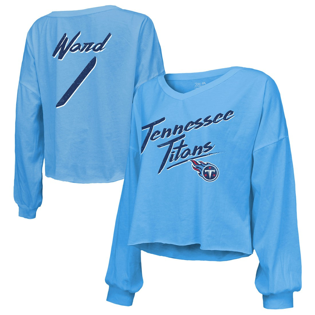 Cameron Ward Tennessee Titans Majestic Threads Women's Name & Number Off-Shoulder Script Cropped Long Sleeve Relaxed V-Neck T-Shirt - Light Blue sale
