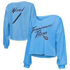 Cameron Ward Tennessee Titans Majestic Threads Women's Name & Number Off-Shoulder Script Cropped Long Sleeve Relaxed V-Neck T-Shirt - Light Blue sale