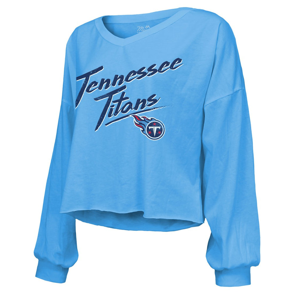 Cameron Ward Tennessee Titans Majestic Threads Women's Name & Number Off-Shoulder Script Cropped Long Sleeve Relaxed V-Neck T-Shirt - Light Blue sale