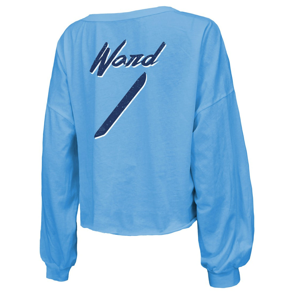 Cameron Ward Tennessee Titans Majestic Threads Women's Name & Number Off-Shoulder Script Cropped Long Sleeve Relaxed V-Neck T-Shirt - Light Blue sale
