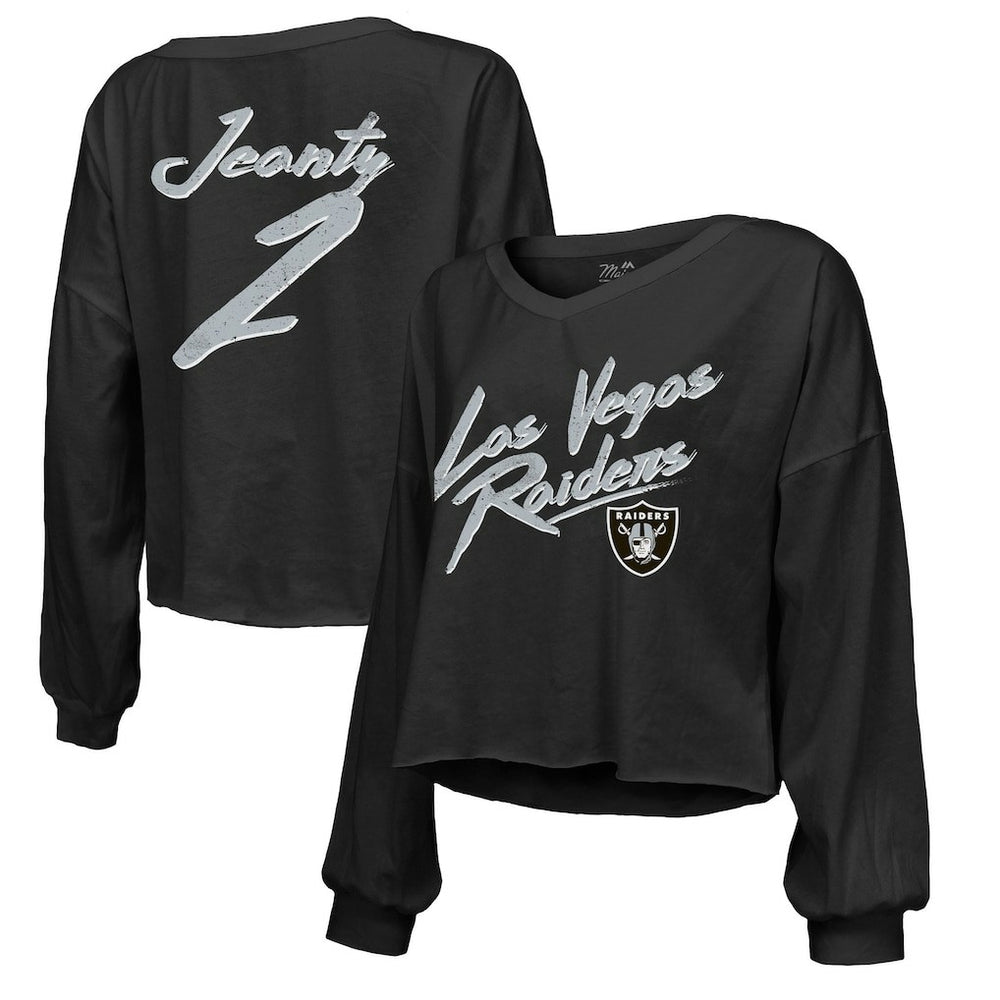 Ashton Jeanty Las Vegas Raiders Majestic Threads Women's Name & Number Off-Shoulder Script Cropped Long Sleeve Relaxed V-Neck T-Shirt - Black for sale