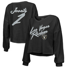 Ashton Jeanty Las Vegas Raiders Majestic Threads Women's Name & Number Off-Shoulder Script Cropped Long Sleeve Relaxed V-Neck T-Shirt - Black for sale