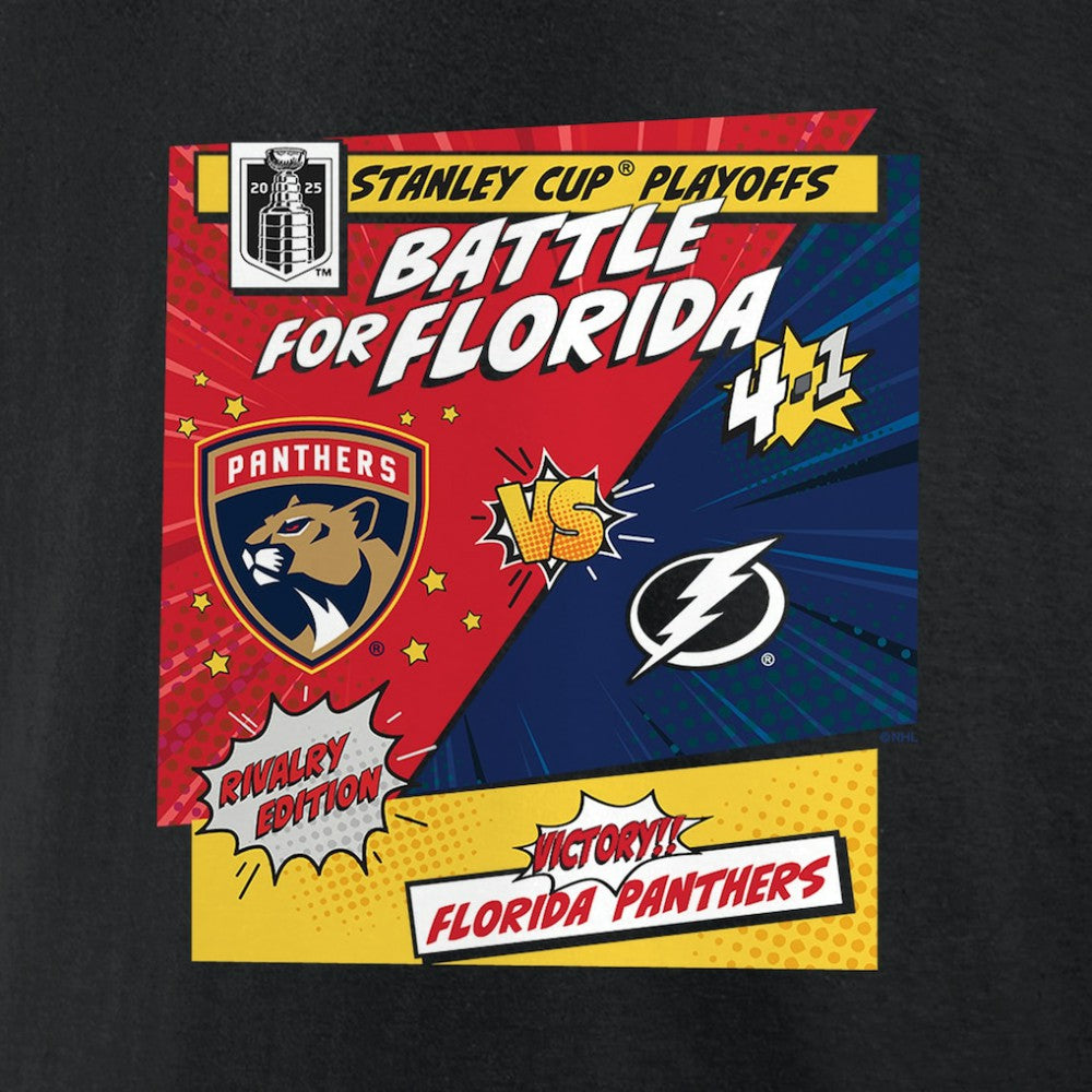 Florida Panthers vs. Tampa Bay Lightning 2025 Stanley Cup Playoffs Rivalry Comic Pop T-Shirt Black