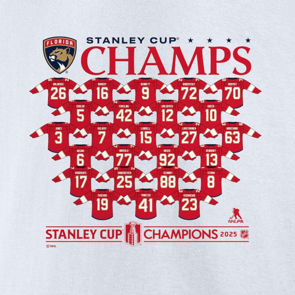 Florida Panthers Fanatics 2025 Stanley Cup Champions Jersey Roster T-Shirt White