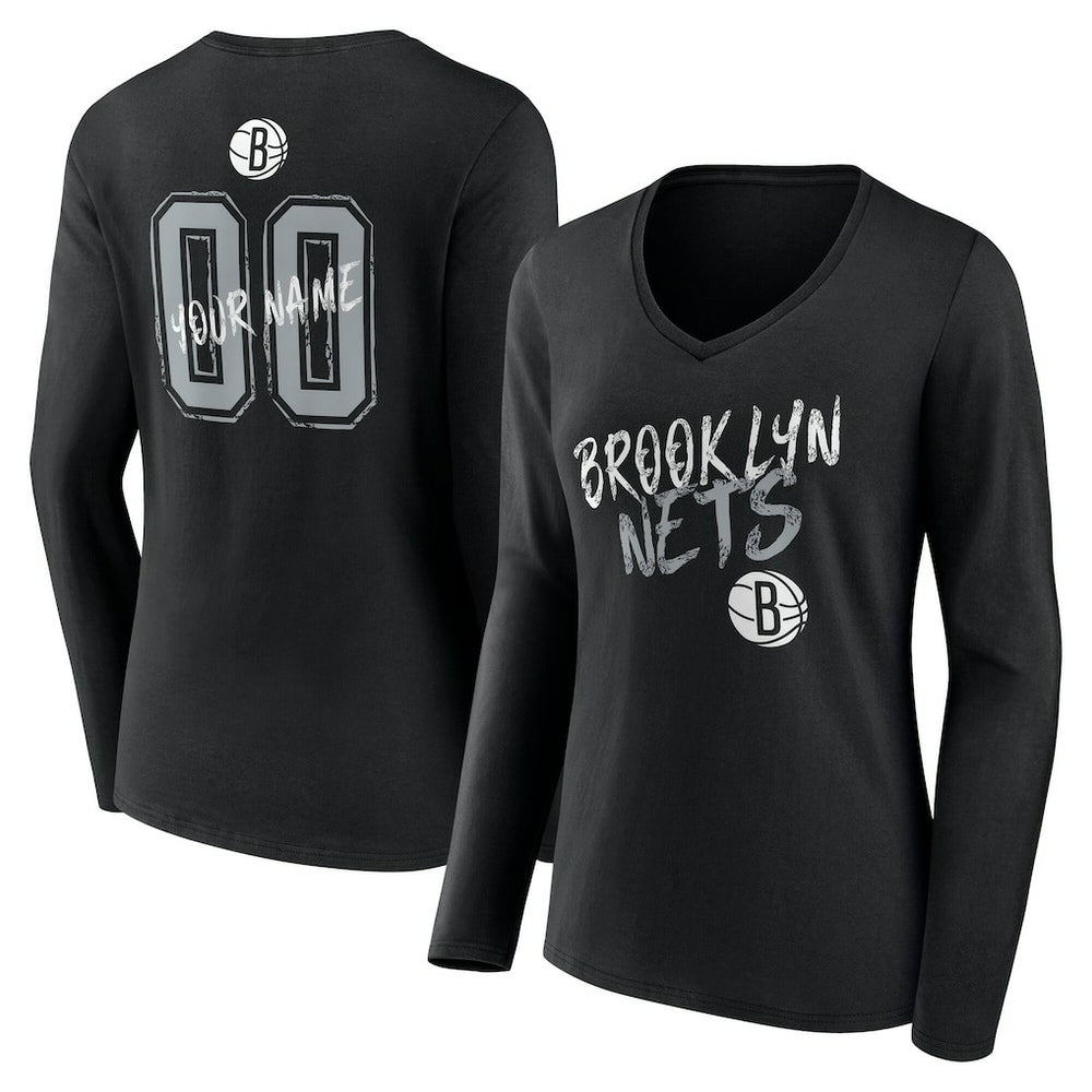 Brooklyn Nets Women's Hustle Custom Long Sleeve V-Neck T-Shirt - Black on sale