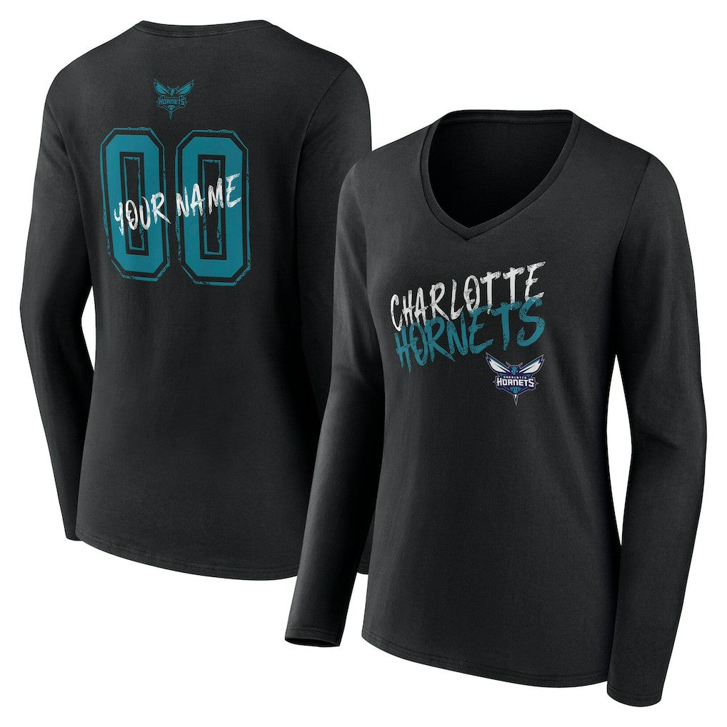 Charlotte Hornets Women's Hustle Custom Long Sleeve V-Neck T-Shirt - Black discount