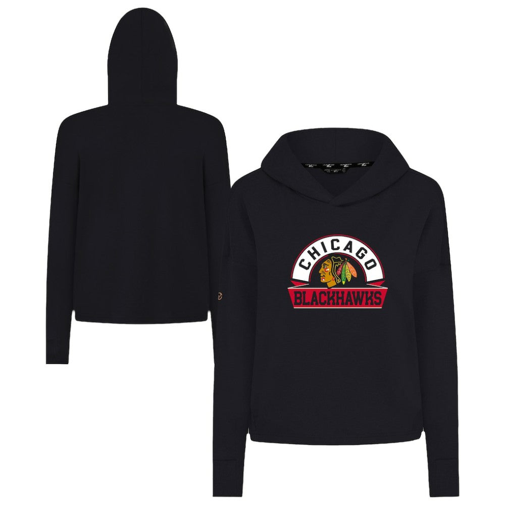 Chicago Blackhawks Levelwear Women's Sweet Banner Arch Tri-Blend Cropped Pullover Hoodie Black
