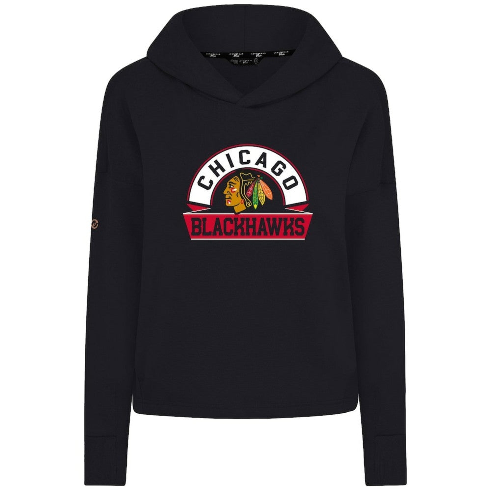 Chicago Blackhawks Levelwear Women's Sweet Banner Arch Tri-Blend Cropped Pullover Hoodie Black