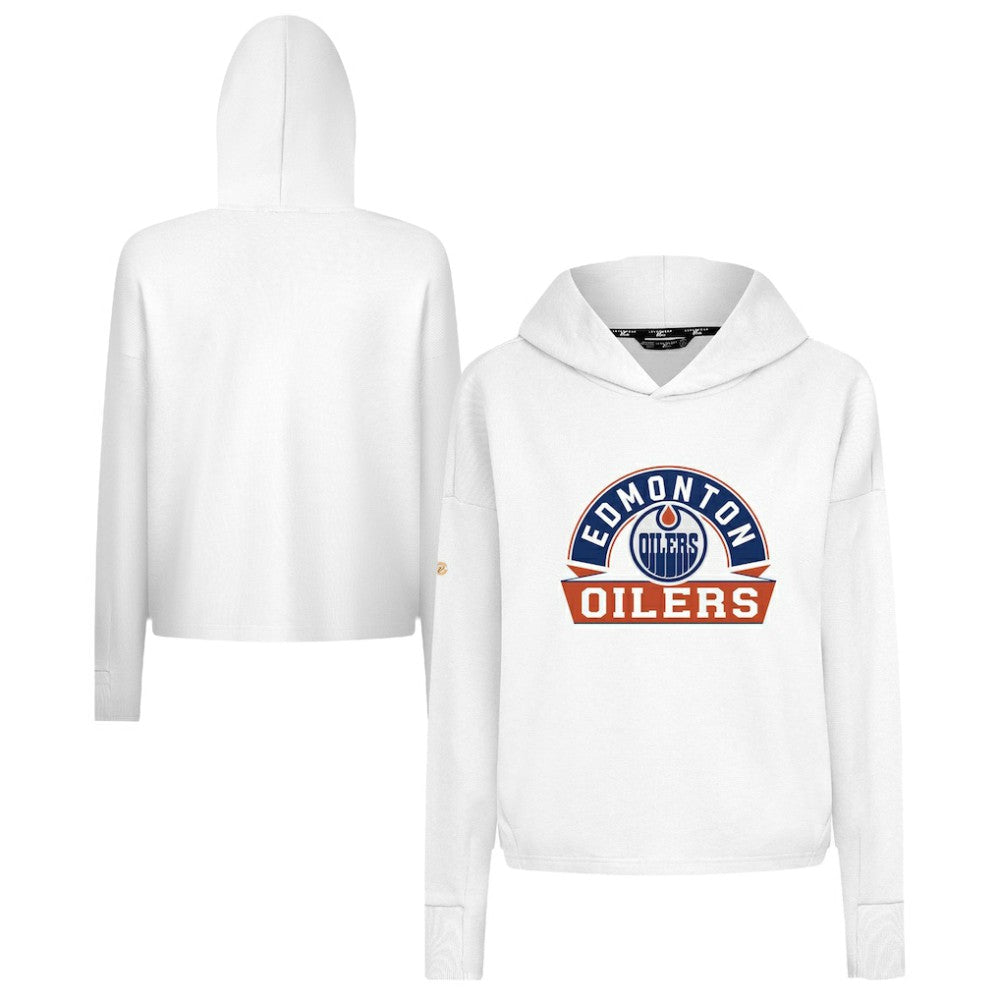 Edmonton Oilers Levelwear Women's Sweet Banner Arch Tri-Blend Cropped Pullover Hoodie White