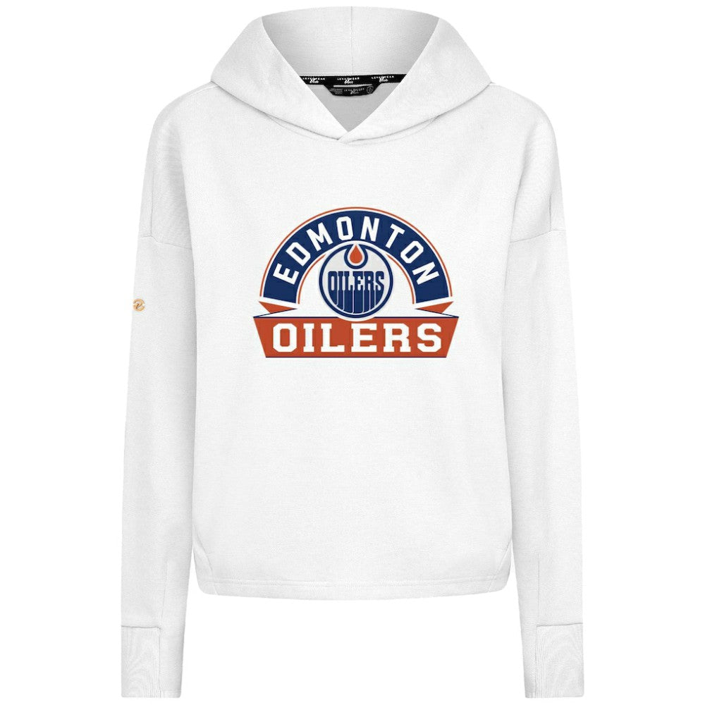 Edmonton Oilers Levelwear Women's Sweet Banner Arch Tri-Blend Cropped Pullover Hoodie White