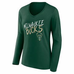 Milwaukee Bucks Women's Hustle Custom Long Sleeve V-Neck T-Shirt - Hunter Green outlet