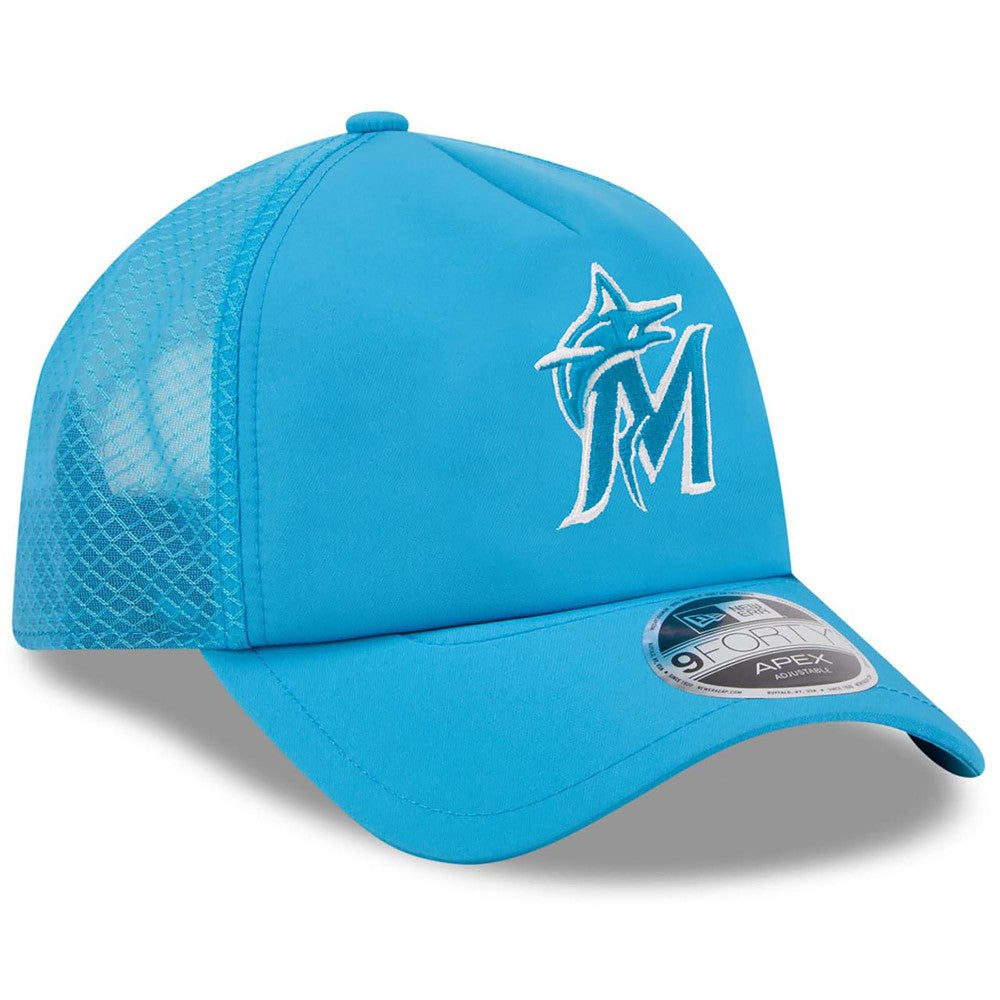 Miami Marlins 2026 Batting Practice Apex 9FORTY Adjustable Trucker Hat - Blue | New Era