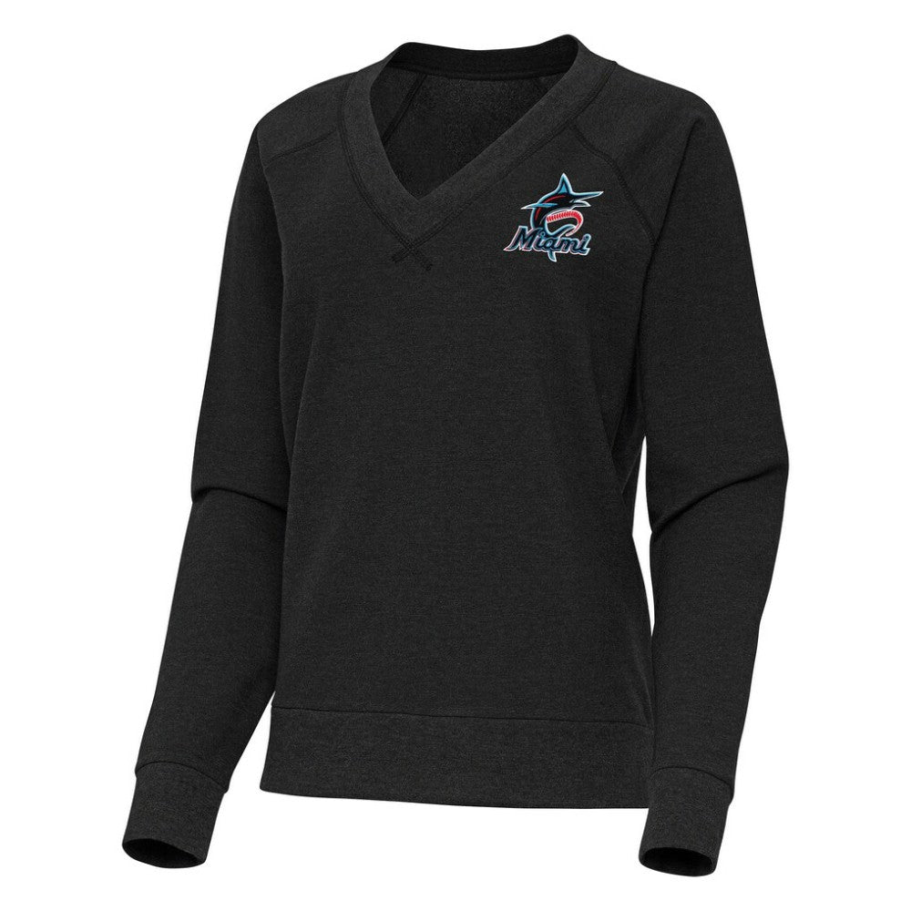 Miami Marlins Antigua Women's Varsity Tri-Blend V-Neck Long Sleeve T-Shirt - Heather Black