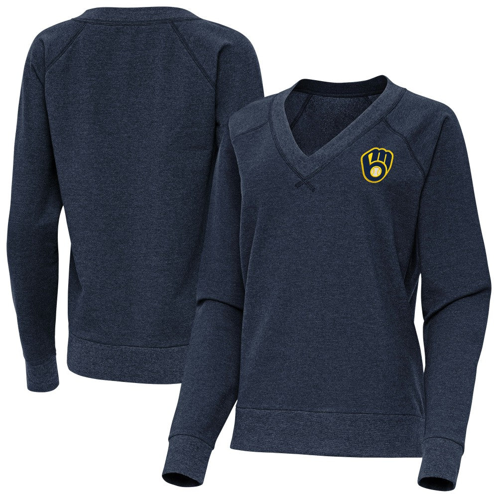 Milwaukee Brewers Antigua Women's Varsity Tri-Blend V-Neck Long Sleeve T-Shirt - Heather Navy