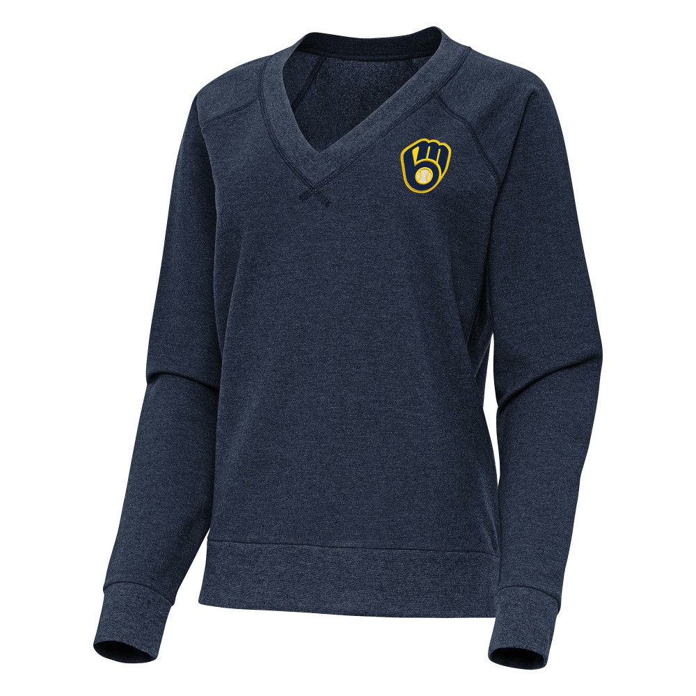 Milwaukee Brewers Antigua Women's Varsity Tri-Blend V-Neck Long Sleeve T-Shirt - Heather Navy
