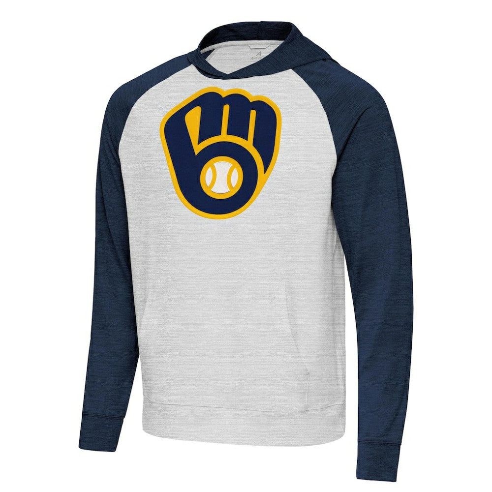 Milwaukee Brewers Antigua Urgent Pullover Hoodie - Heather Navy/Gray