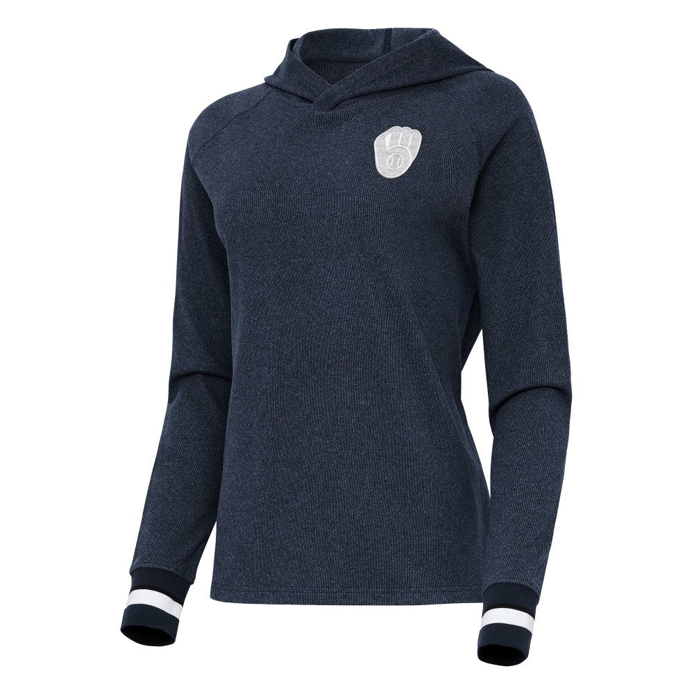 Milwaukee Brewers Antigua Women's Trek Pullover Hoodie - Heather Navy