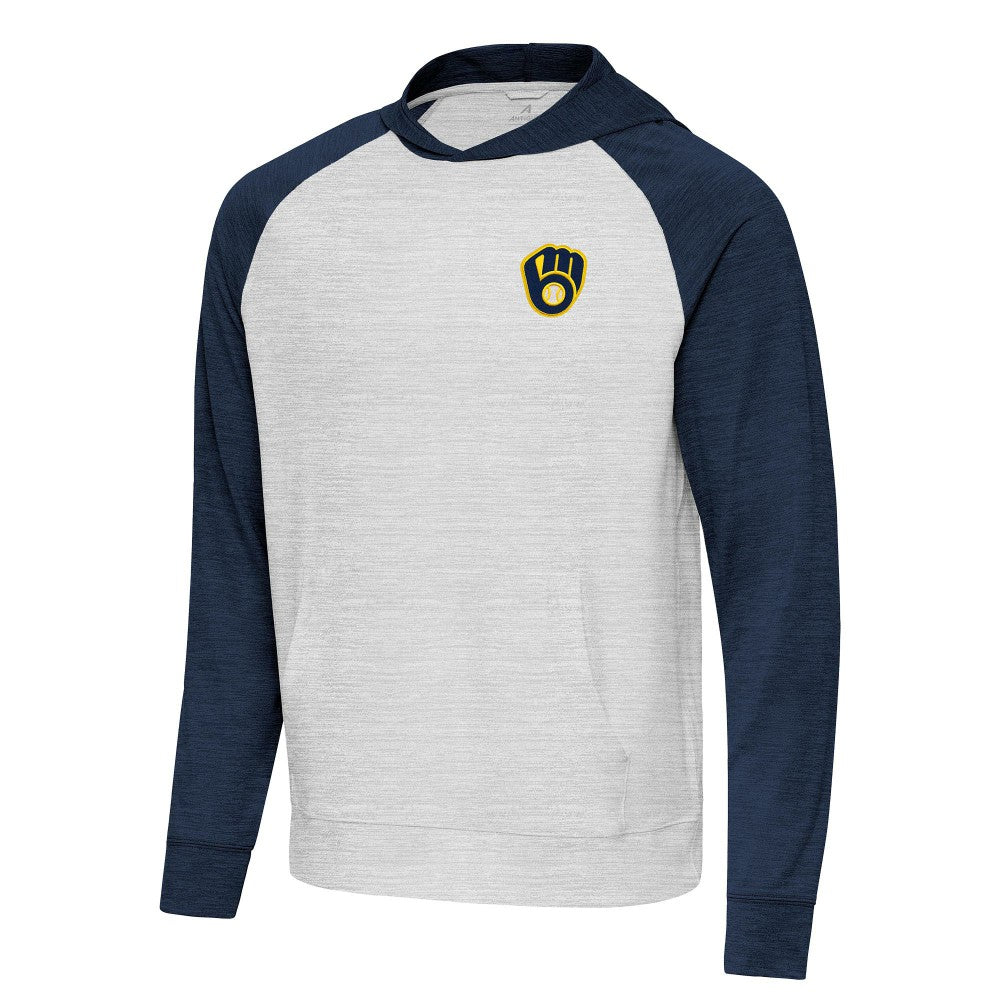 Milwaukee Brewers Antigua Urgent Pullover Hoodie - Heather Navy/Gray