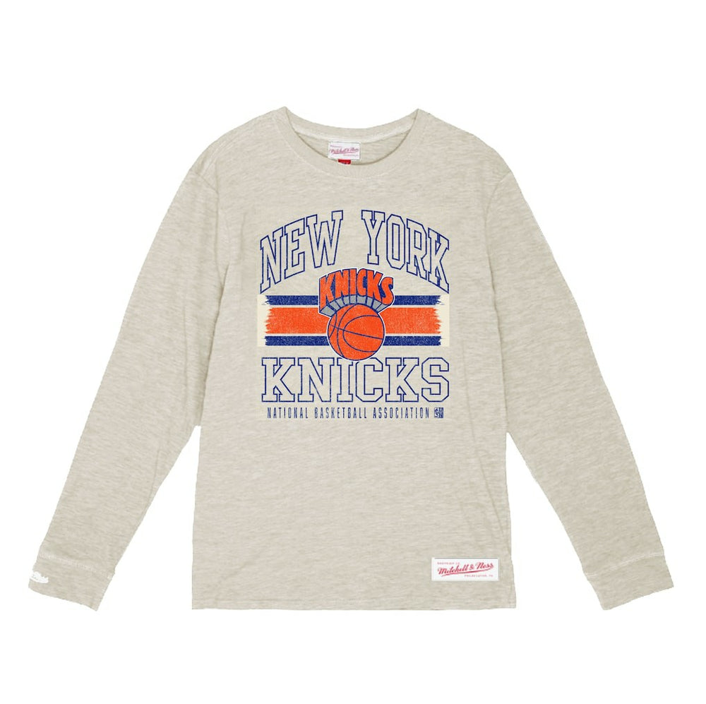 New York Knicks Striped Logo Lockup Premium T-Shirt - Cream | Mitchell & Ness outlet