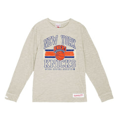 New York Knicks Striped Logo Lockup Premium T-Shirt - Cream | Mitchell & Ness outlet