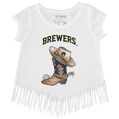 Milwaukee Brewers Tiny Turnip Girls Youth Cowboy Boot Fringe T-Shirt - White
