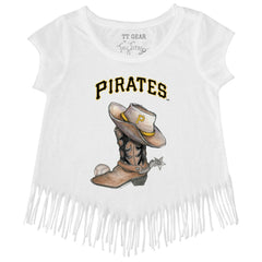 Pittsburgh Pirates Tiny Turnip Girls Youth Cowboy Boot Fringe T-Shirt - White