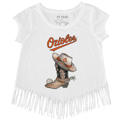 Baltimore Orioles Tiny Turnip Girls Youth Cowboy Boot Fringe T-Shirt - White
