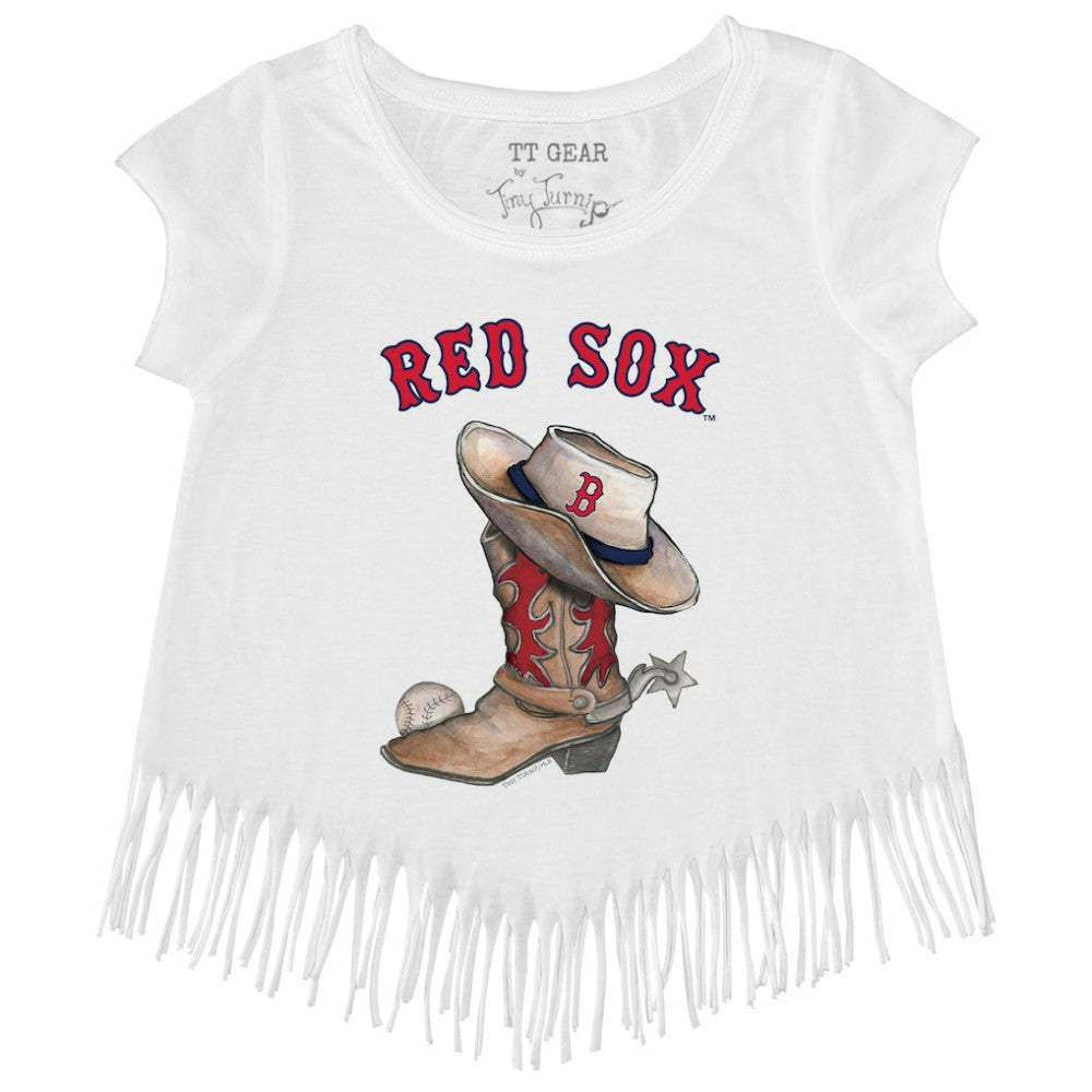Boston Red Sox Tiny Turnip Girls Youth Cowboy Boot Fringe T-Shirt - White