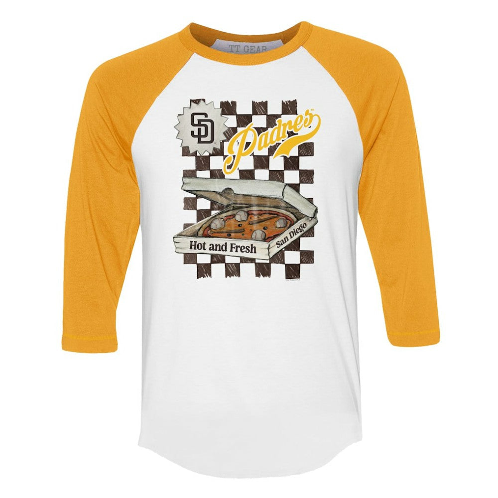 San Diego Padres Tiny Turnip Women's Pizza 3/4-Sleeve Raglan Baseball T-Shirt - White/Gold