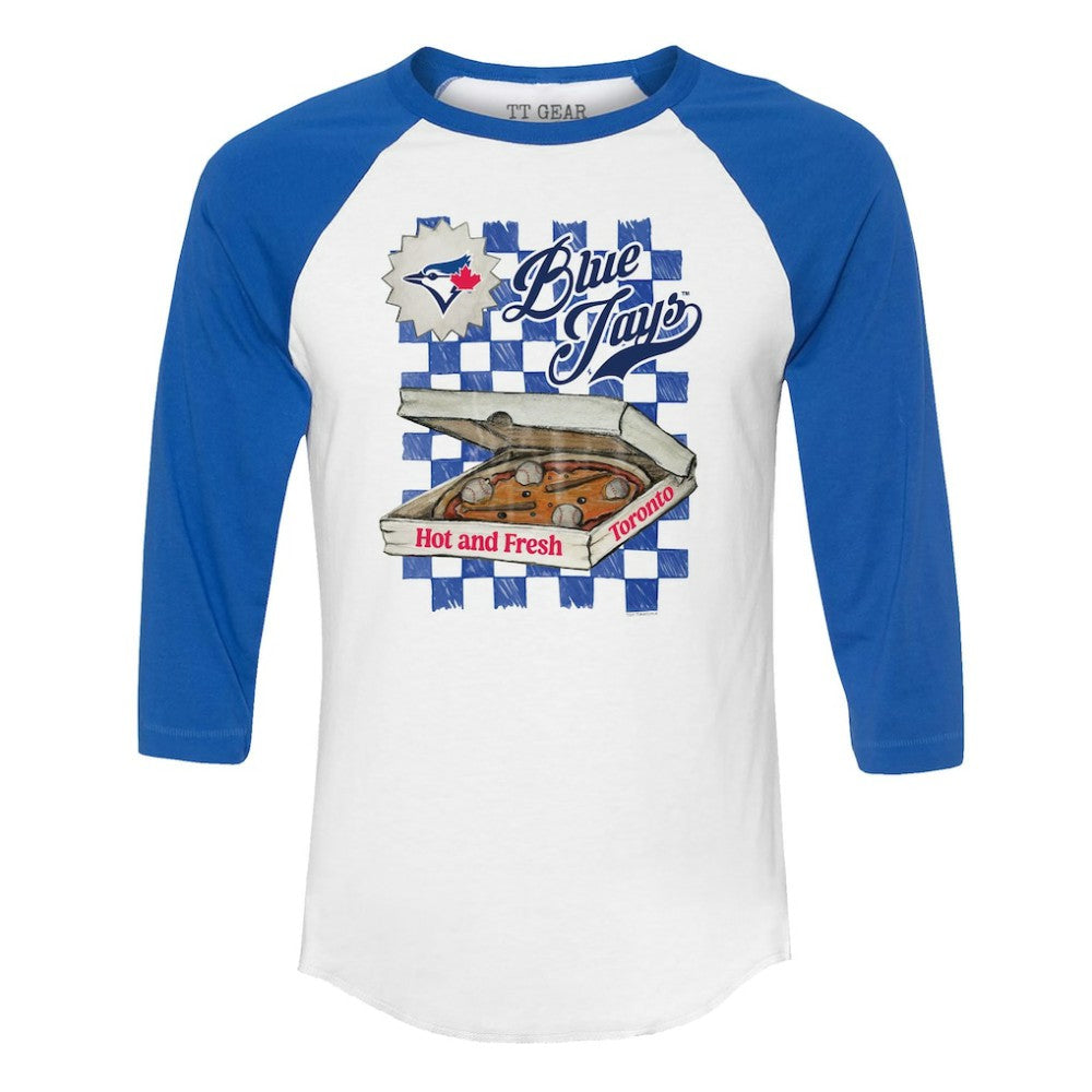 Toronto Blue Jays Tiny Turnip Women's Pizza 3/4-Sleeve Raglan Baseball T-Shirt - White/Royal