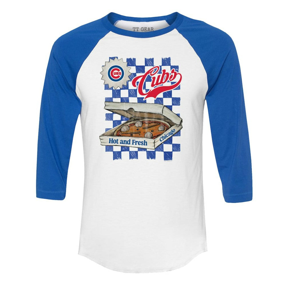 Chicago Cubs Tiny Turnip Women's Pizza 3/4-Sleeve Raglan Baseball T-Shirt - White/Royal