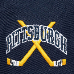 Pittsburgh Penguins Mitchell & Ness x Just Don Wave Script Pro Strapback Hat Navy/Gold