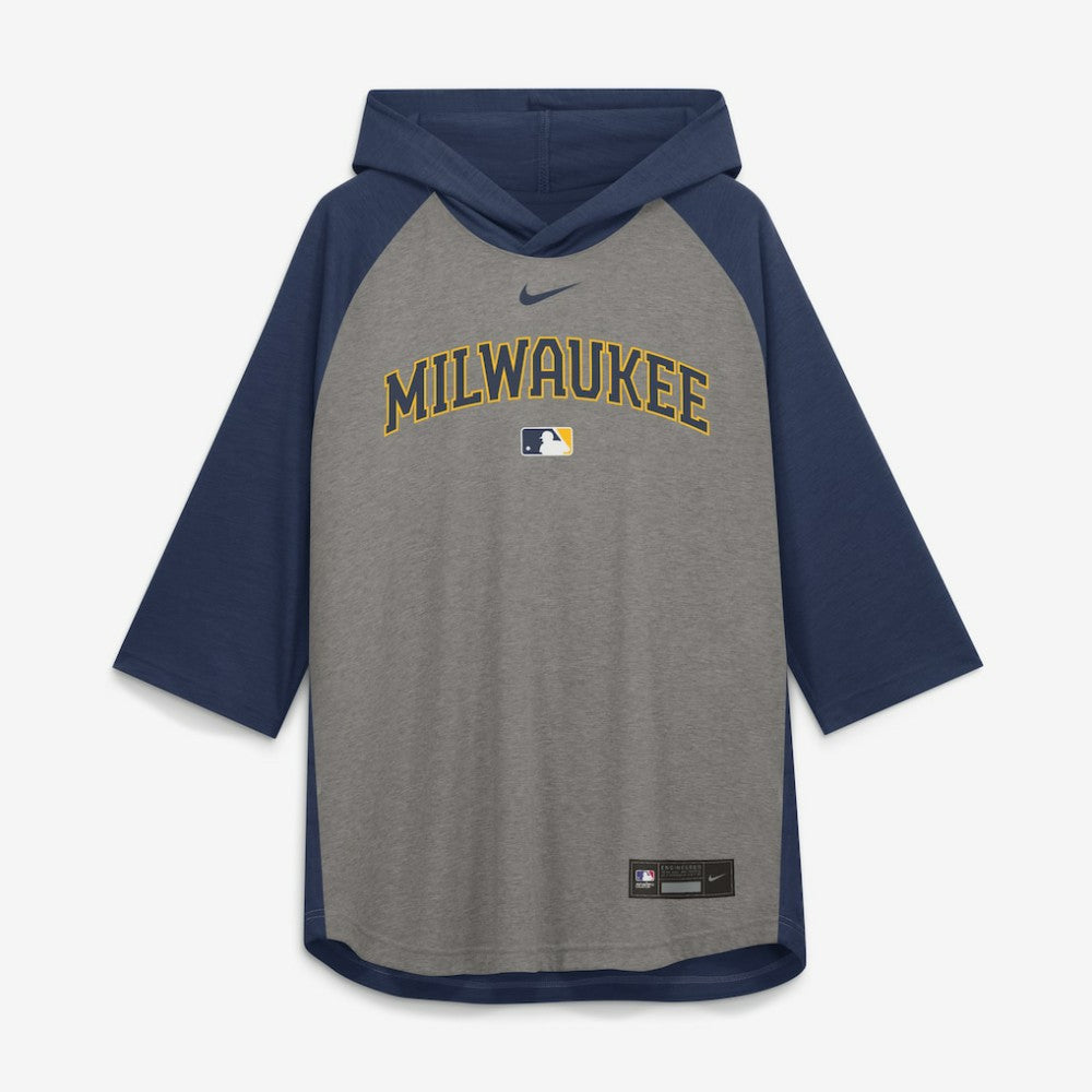 Milwaukee Brewers Authentic Collection Flux Dri-FIT Raglan 3/4-Sleeve Hooded T-Shirt - Gray | Nike