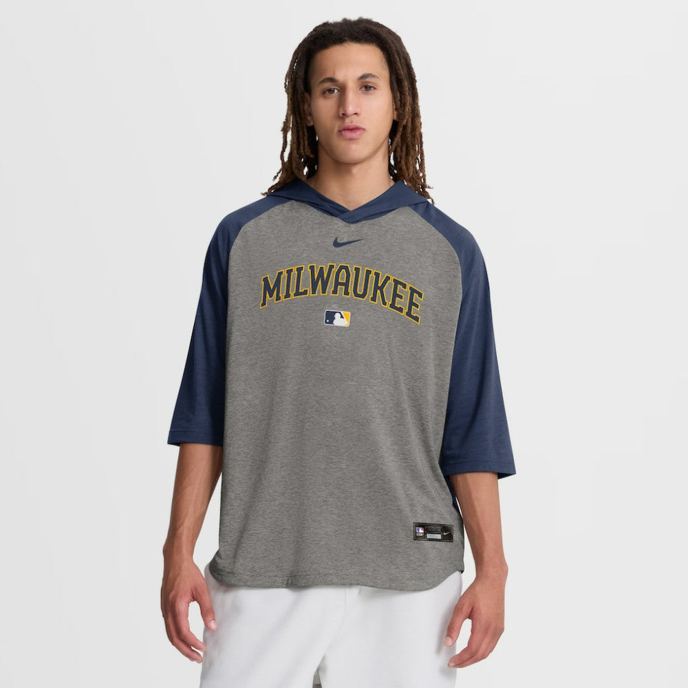 Milwaukee Brewers Authentic Collection Flux Dri-FIT Raglan 3/4-Sleeve Hooded T-Shirt - Gray | Nike