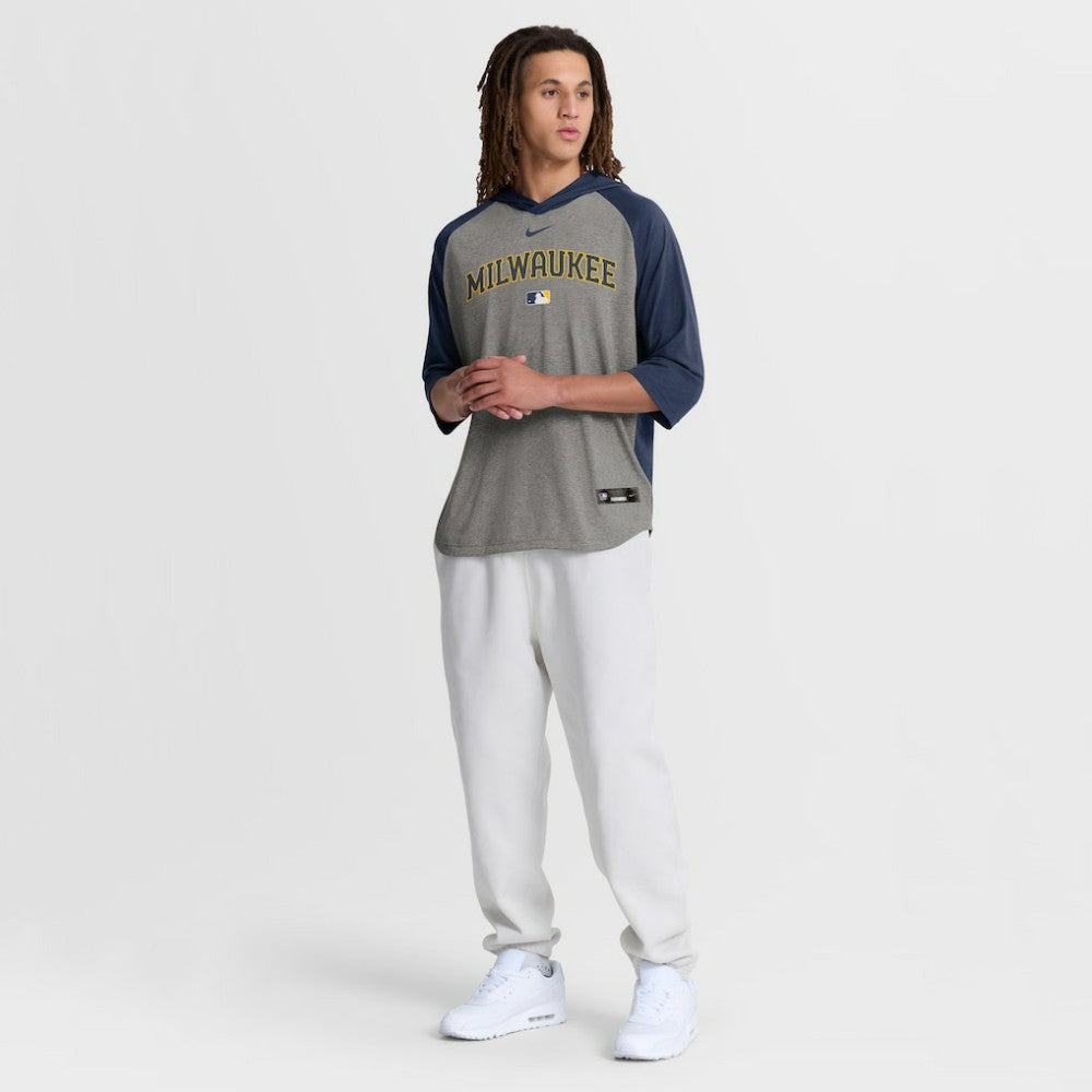 Milwaukee Brewers Authentic Collection Flux Dri-FIT Raglan 3/4-Sleeve Hooded T-Shirt - Gray | Nike