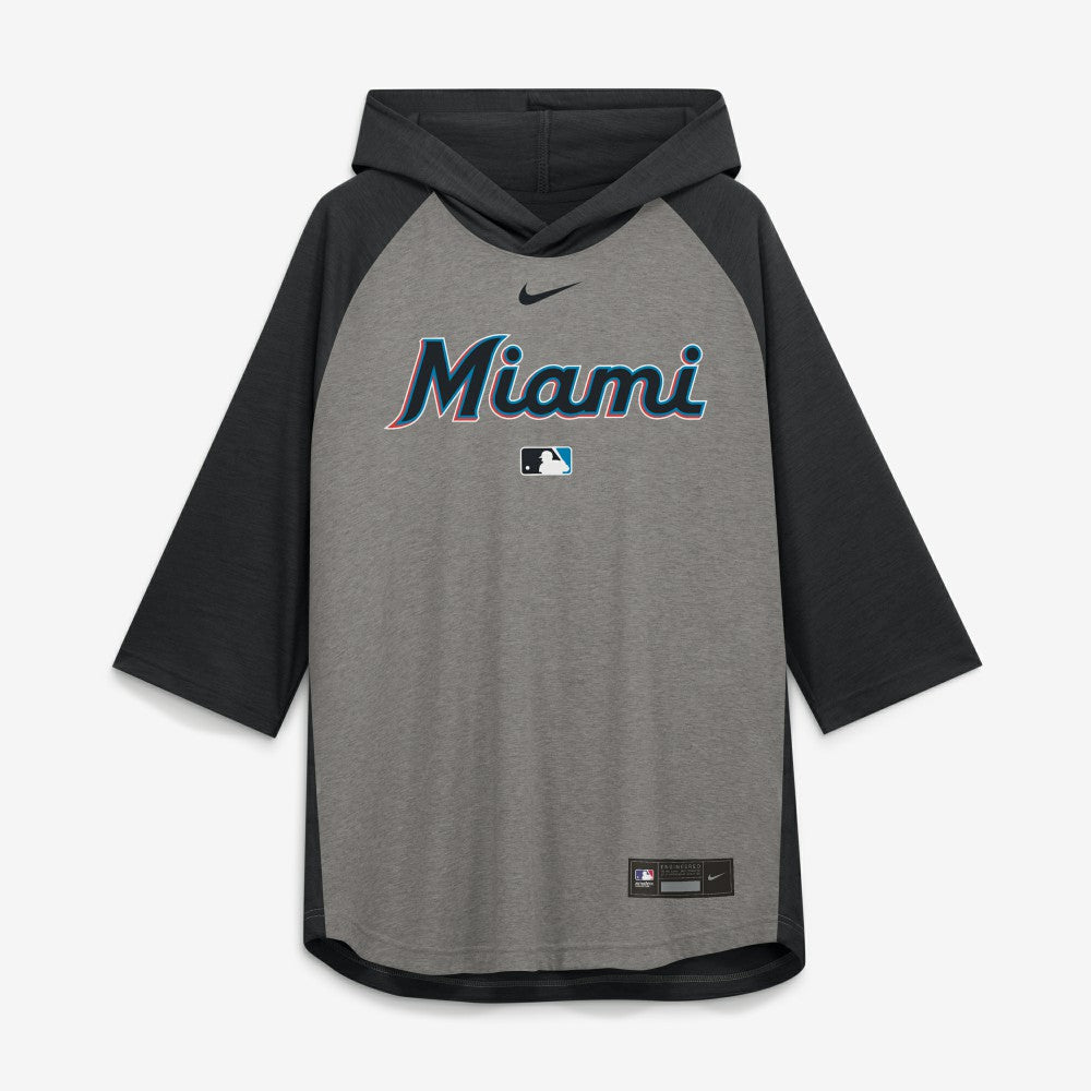 Miami Marlins Authentic Collection Flux Dri-FIT Raglan 3/4-Sleeve Hooded T-Shirt - Gray | Nike