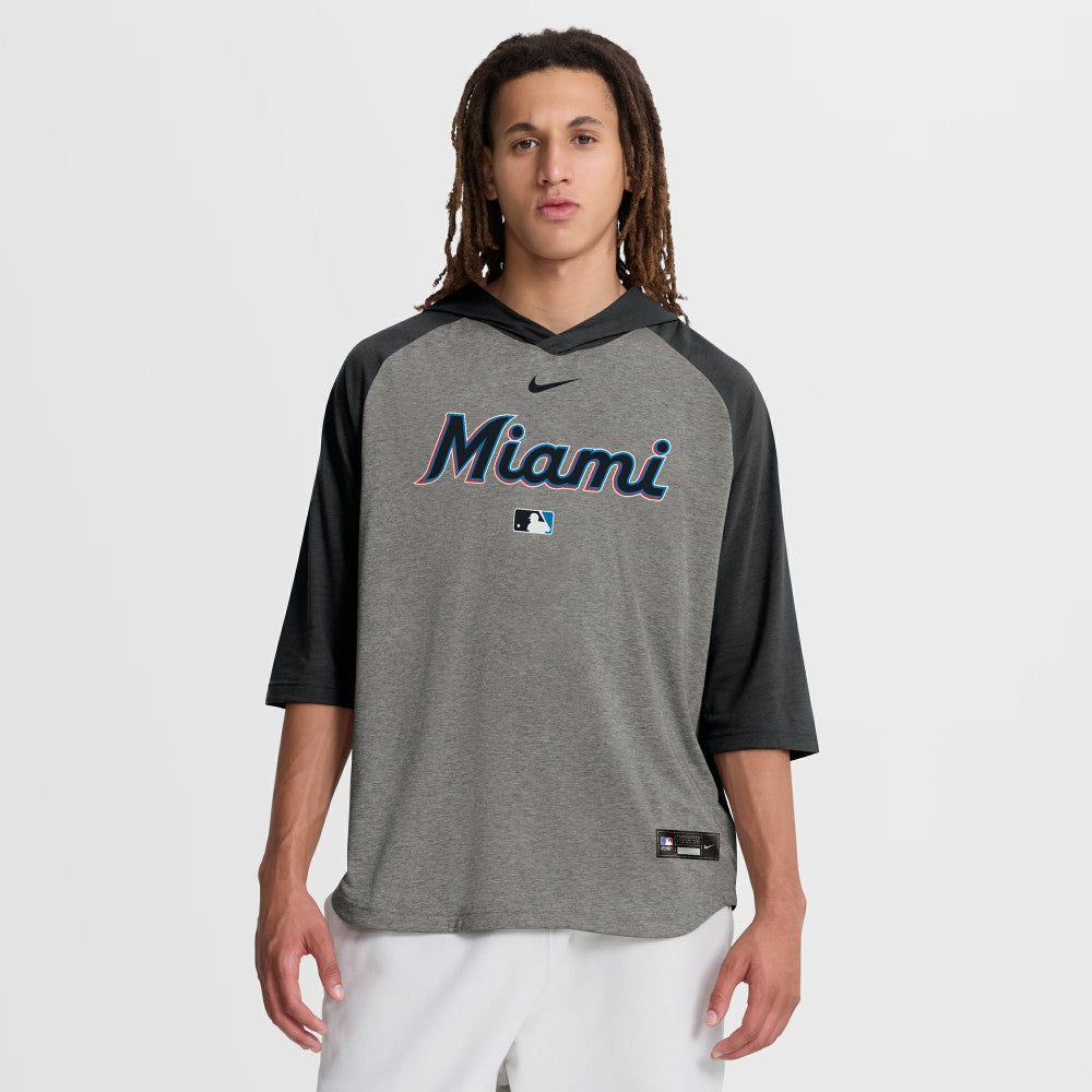 Miami Marlins Authentic Collection Flux Dri-FIT Raglan 3/4-Sleeve Hooded T-Shirt - Gray | Nike
