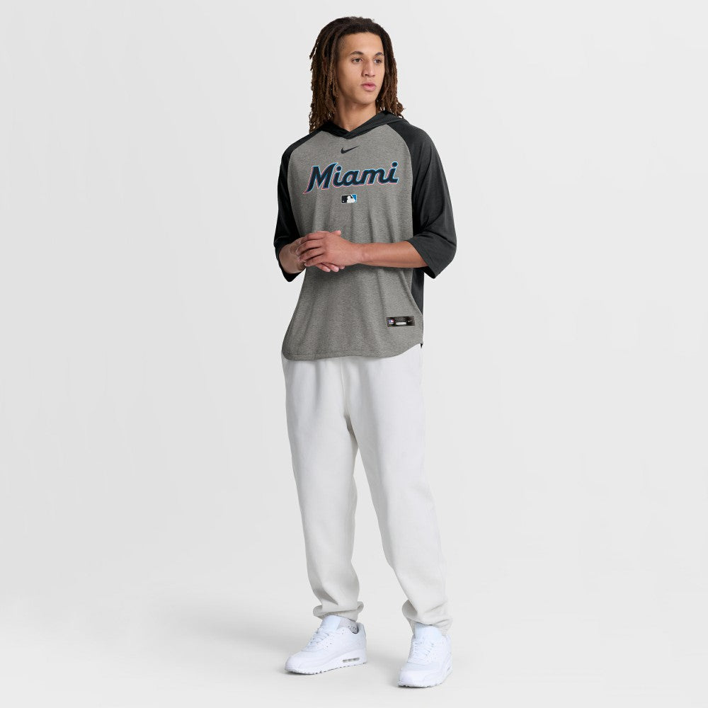 Miami Marlins Authentic Collection Flux Dri-FIT Raglan 3/4-Sleeve Hooded T-Shirt - Gray | Nike