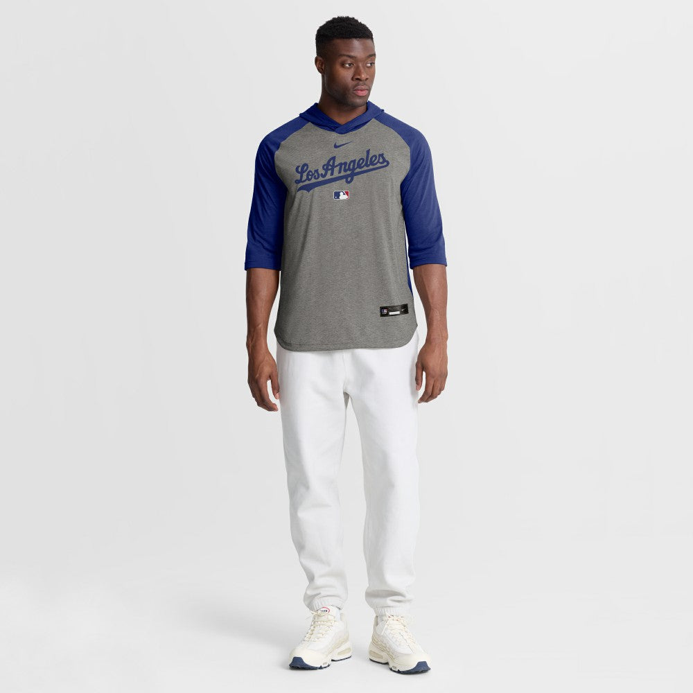 Los Angeles Dodgers Authentic Collection Flux Dri-FIT Raglan 3/4-Sleeve Hooded T-Shirt - Gray | Nike