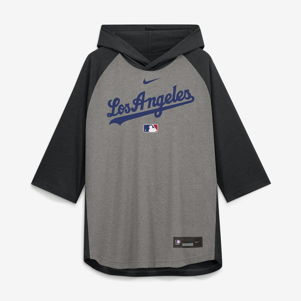 Los Angeles Dodgers Authentic Collection Flux Dri-FIT Raglan 3/4-Sleeve Hooded T-Shirt - Gray | Nike