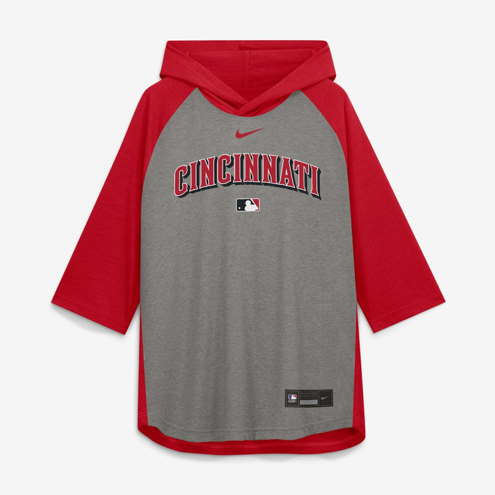 Cincinnati Reds Authentic Collection Flux Dri-FIT Raglan 3/4-Sleeve Hooded T-Shirt - Gray | Nike