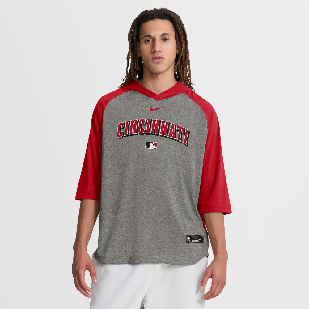 Cincinnati Reds Authentic Collection Flux Dri-FIT Raglan 3/4-Sleeve Hooded T-Shirt - Gray | Nike