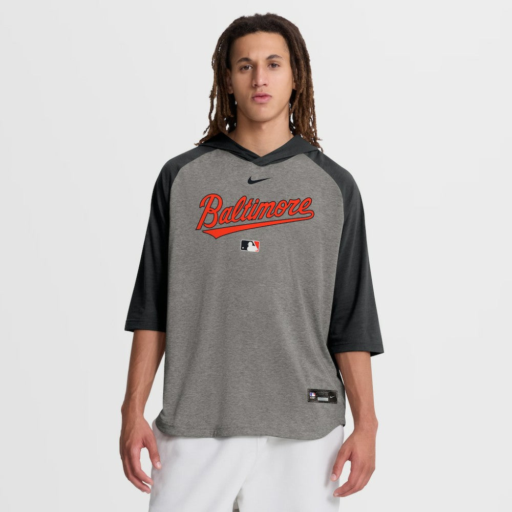 Baltimore Orioles Authentic Collection Flux Dri-FIT Raglan 3/4-Sleeve Hooded T-Shirt - Gray | Nike