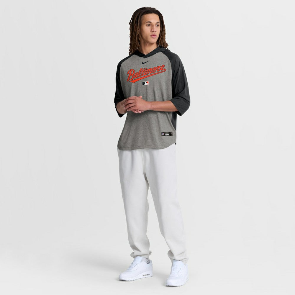 Baltimore Orioles Authentic Collection Flux Dri-FIT Raglan 3/4-Sleeve Hooded T-Shirt - Gray | Nike