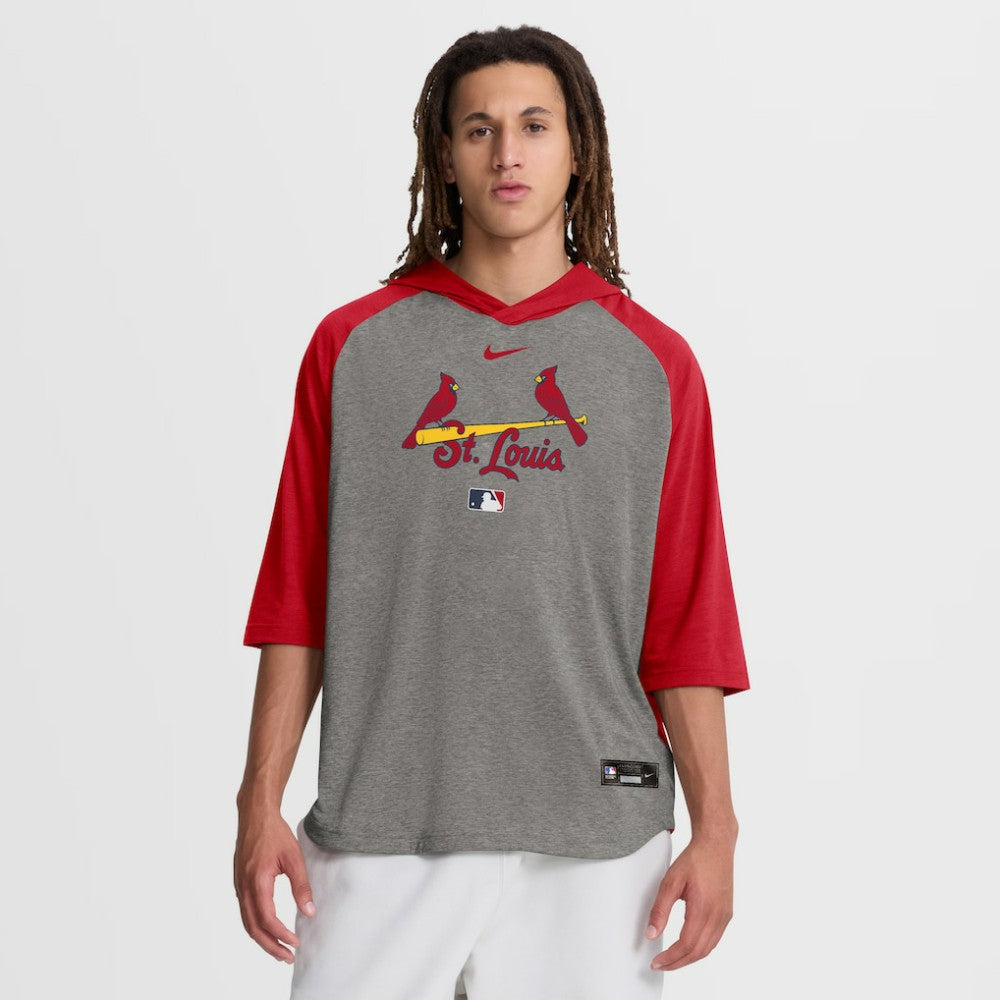 St. Louis Cardinals Authentic Collection Flux Dri-FIT Raglan 3/4-Sleeve Hooded T-Shirt - Gray | Nike
