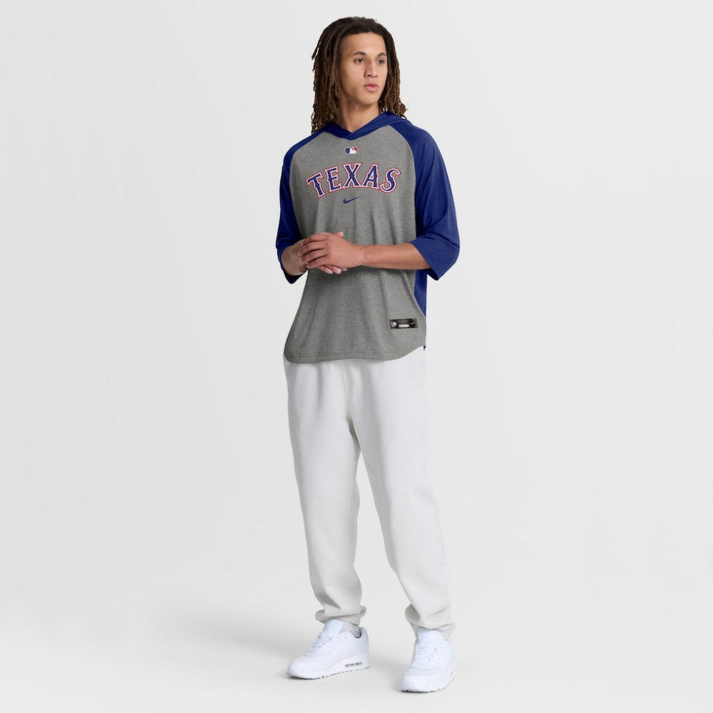 Texas Rangers Authentic Collection Flux Dri-FIT Raglan 3/4-Sleeve Hooded T-Shirt - Gray | Nike